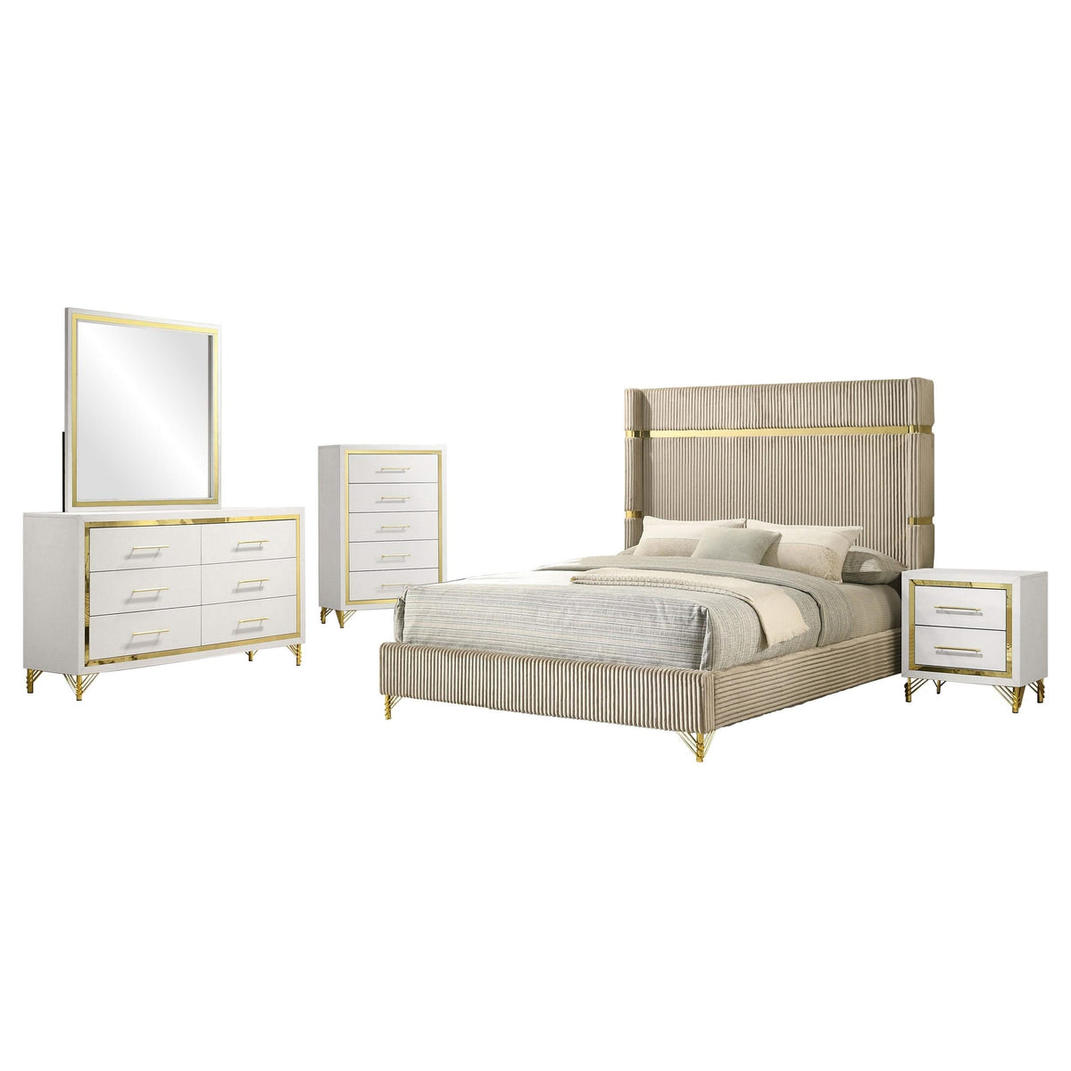 Juego de dormitorio Queen Lucia de 5 piezas en beige y blanco