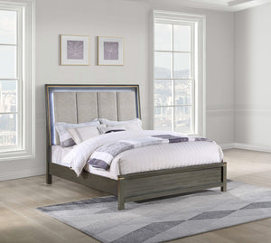 Cama California King con panel LED Kieran Wood, gris
