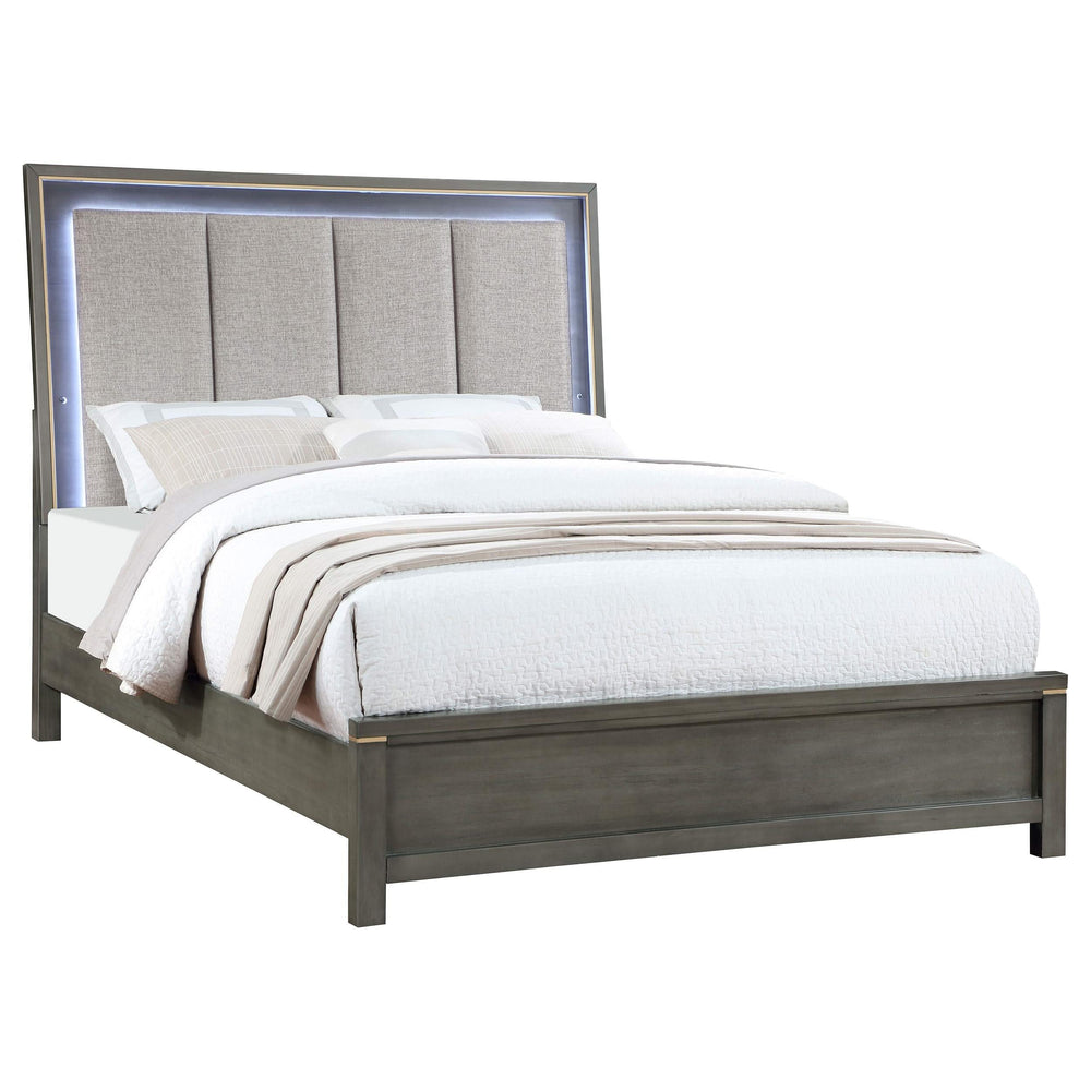Cama California King con panel LED Kieran Wood, gris