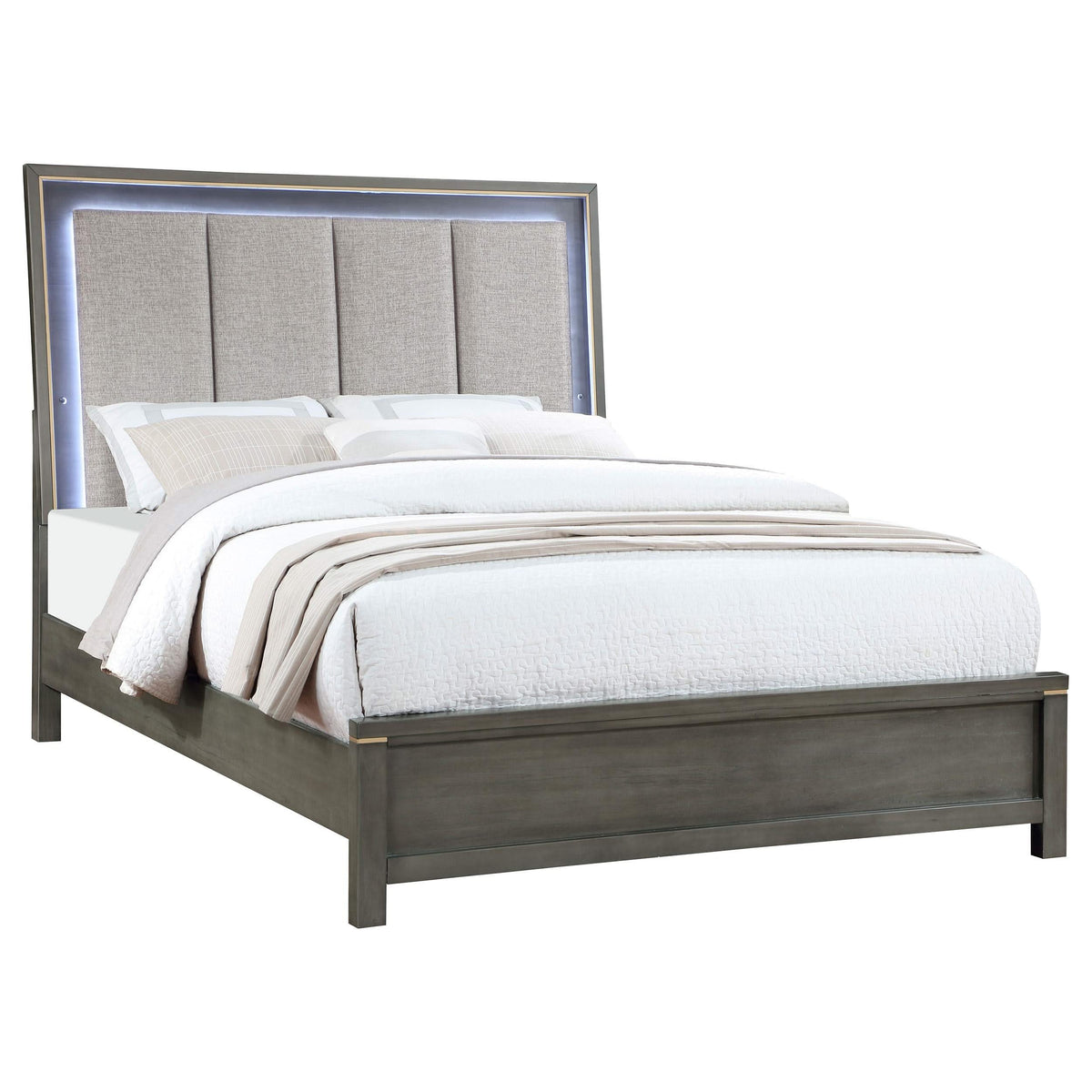 Cama Queen con panel LED Kieran Wood, gris