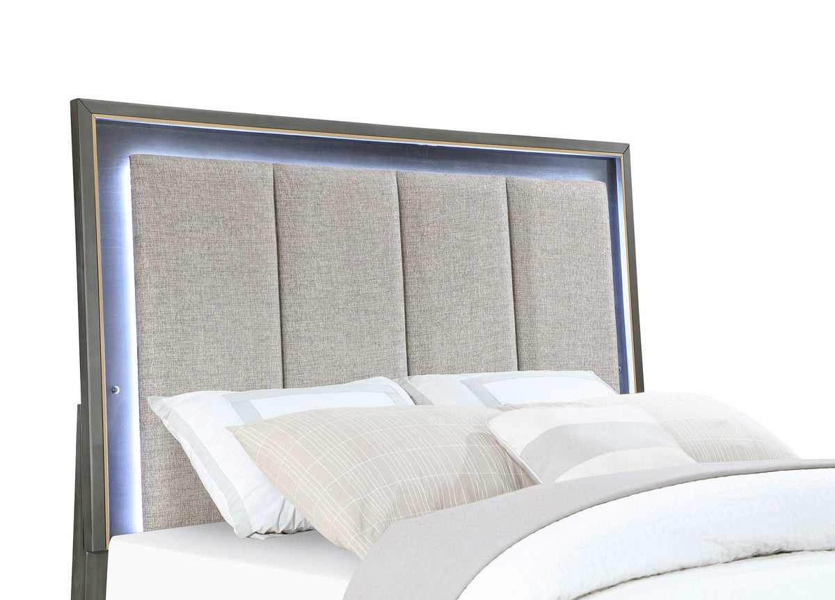 Cama Queen con panel LED Kieran Wood, gris
