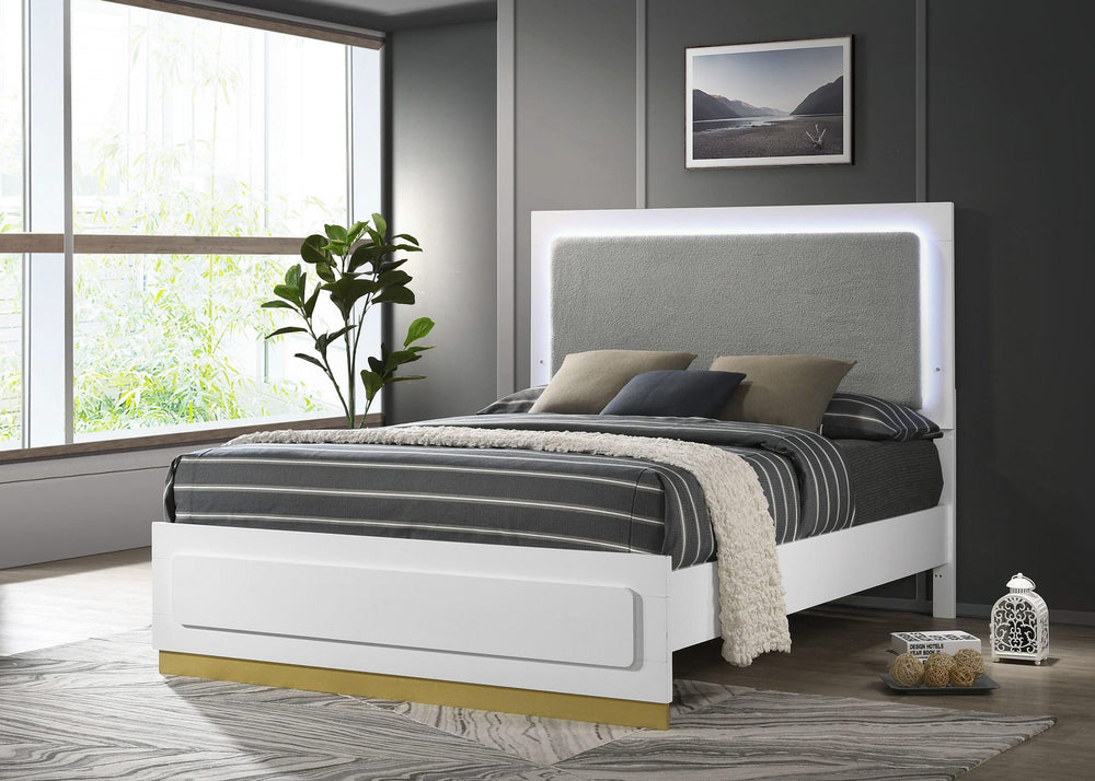 Cama California King con panel LED de madera de alcaravea, color blanco