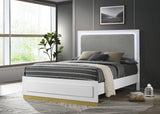 Cama California King con panel LED de madera de alcaravea, color blanco
