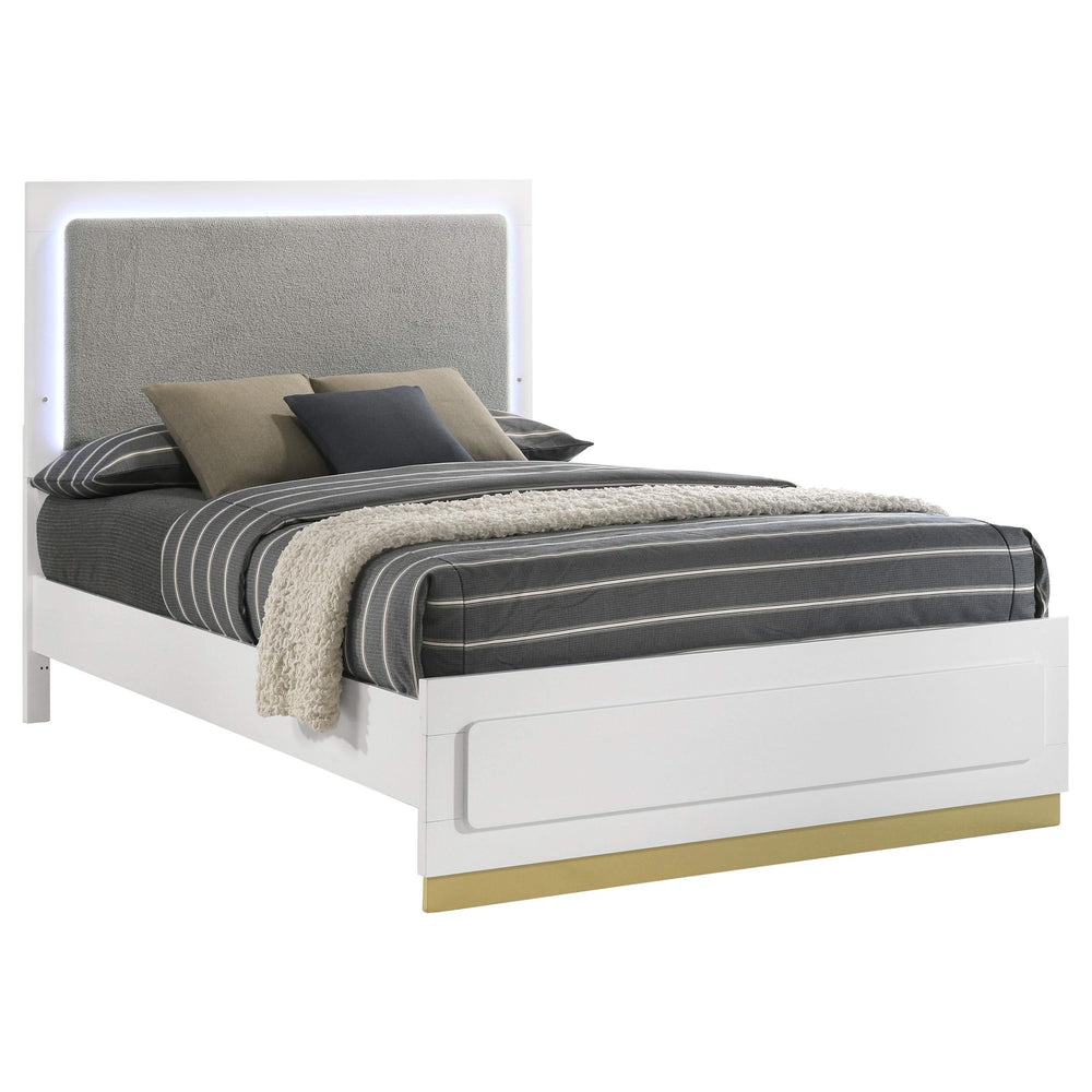 Cama California King con panel LED de madera de alcaravea, color blanco