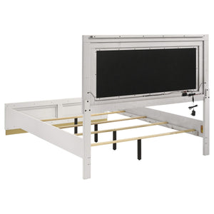Cama California King con panel LED de madera de alcaravea, color blanco