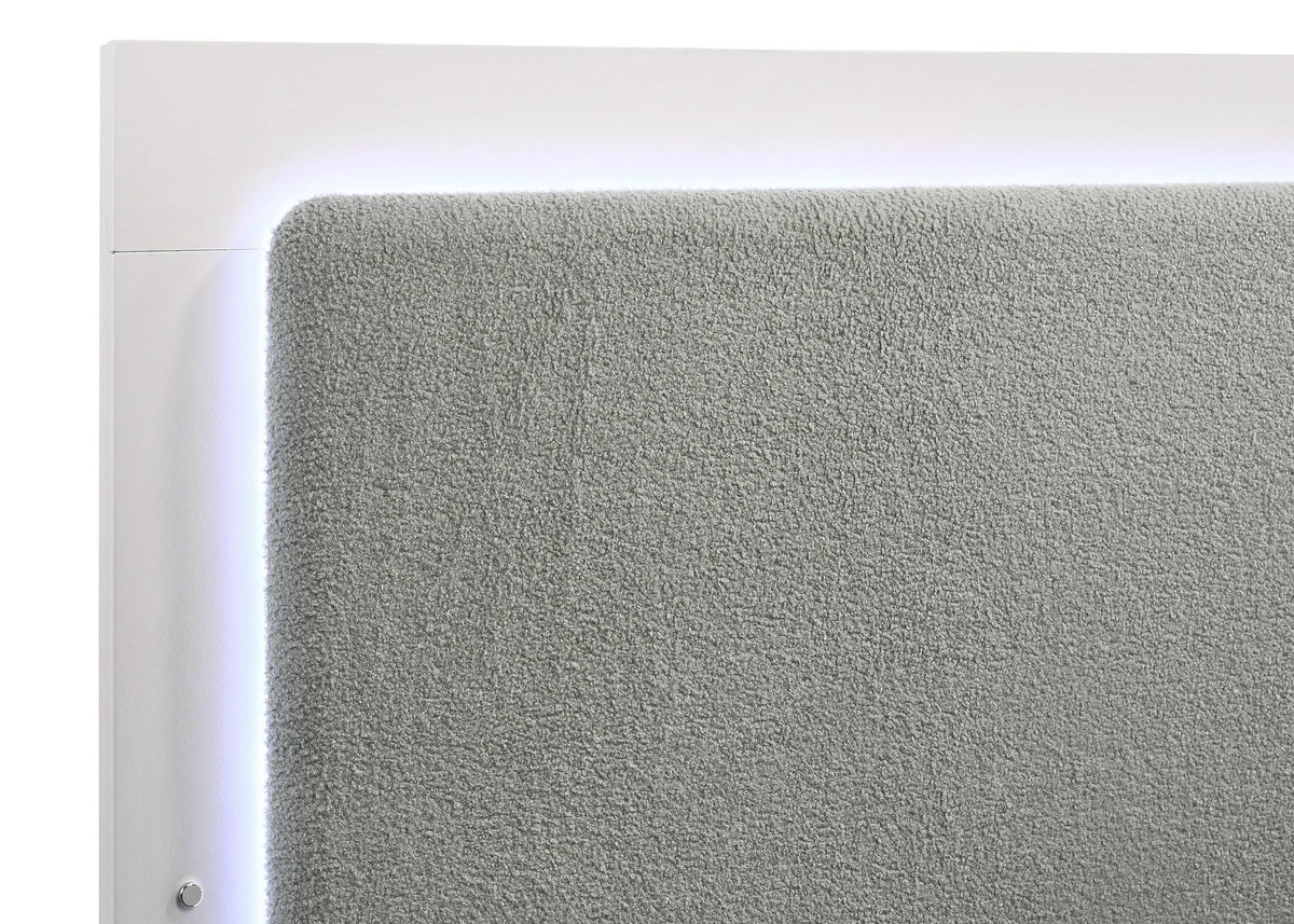 Cama California King con panel LED de madera de alcaravea, color blanco