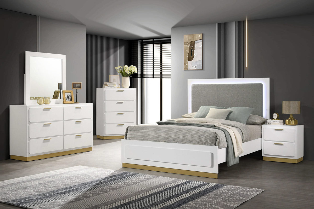 Cama California King con panel LED de madera de alcaravea, color blanco