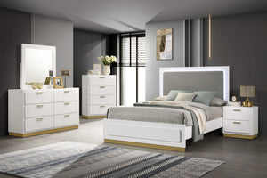 Cama California King con panel LED de madera de alcaravea, color blanco