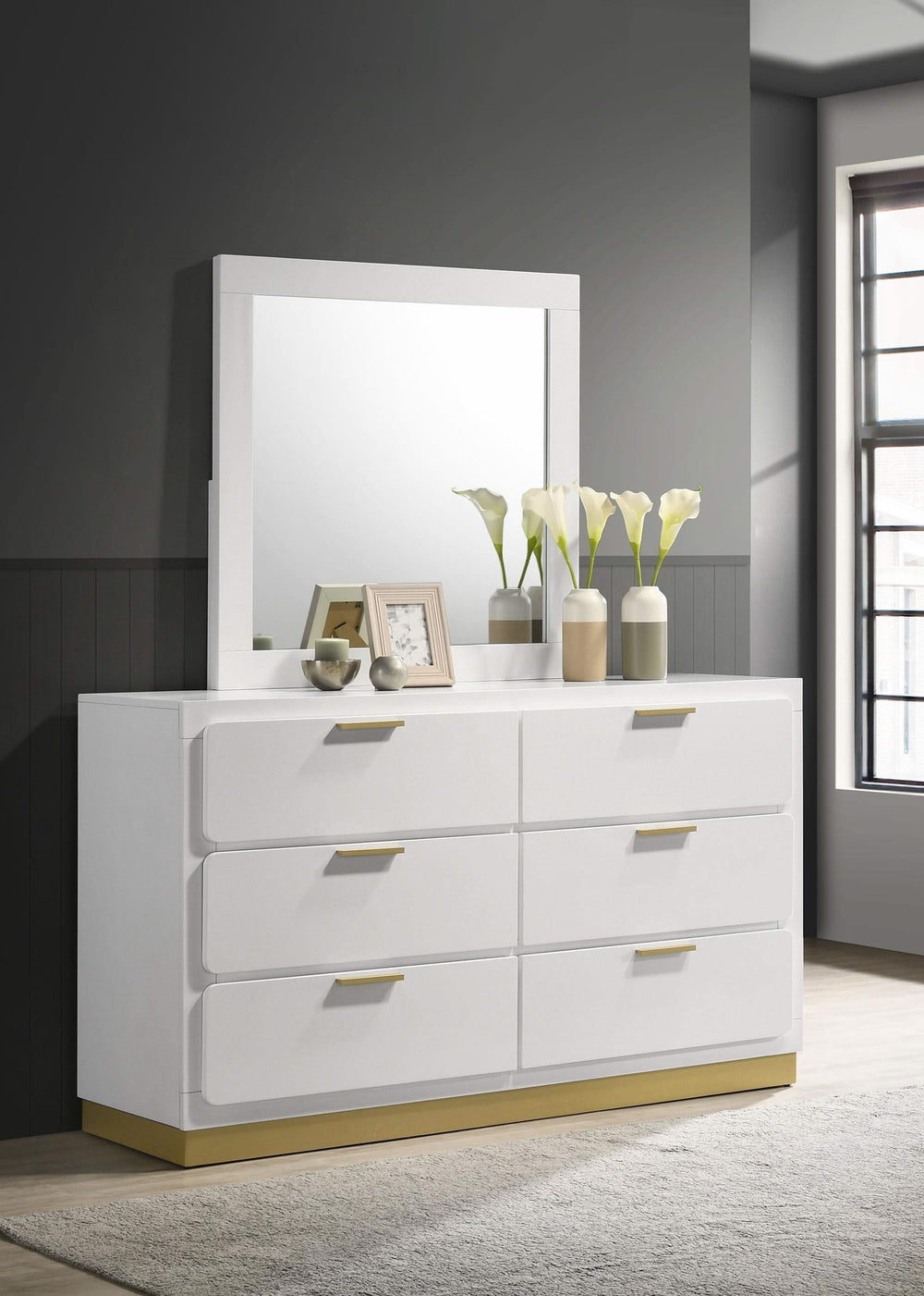 Cómoda Caraway de 6 cajones con espejo blanca