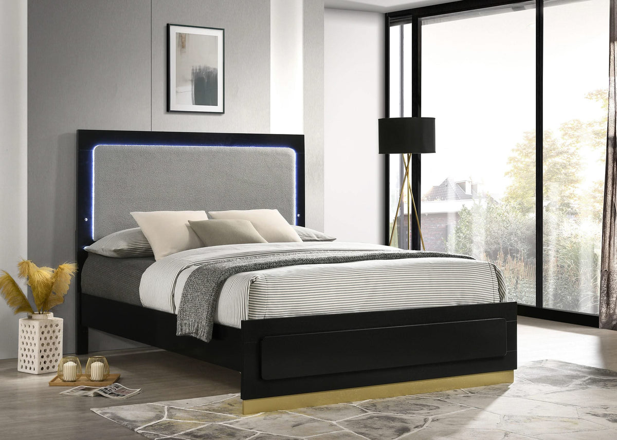 Cama California King con paneles LED de madera de alcaravea, color negro