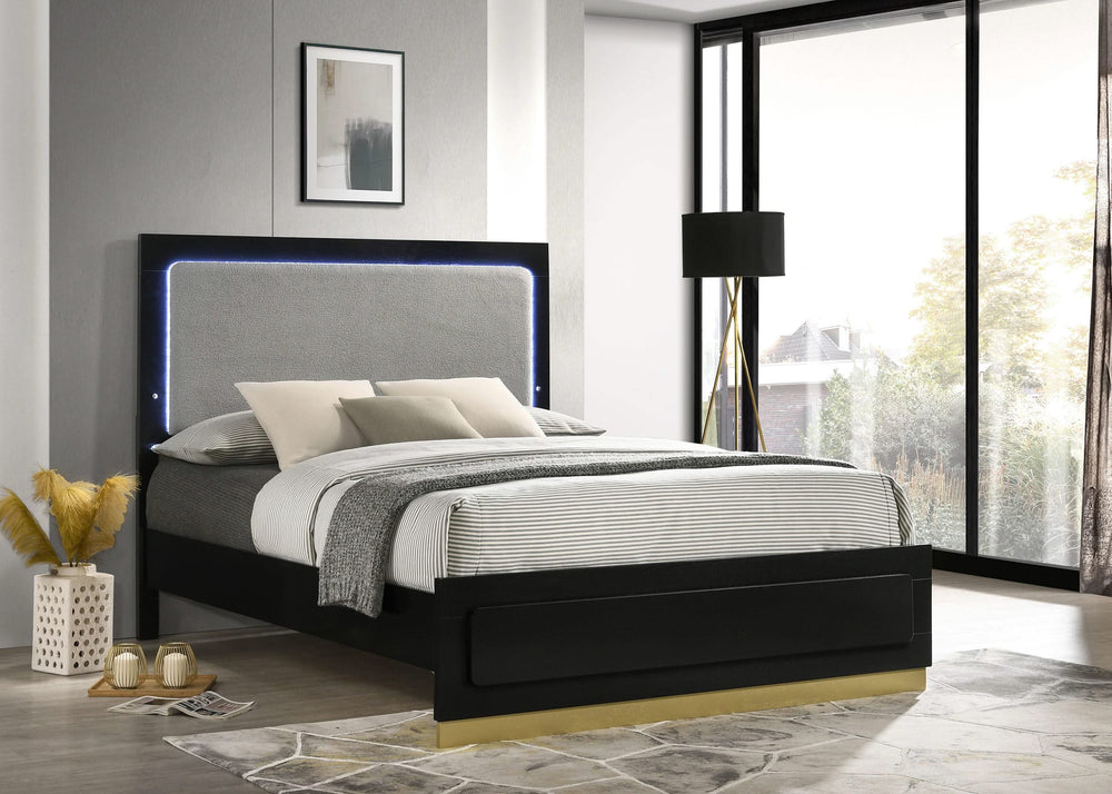Cama Queen con panel LED de madera de alcaravea, color negro