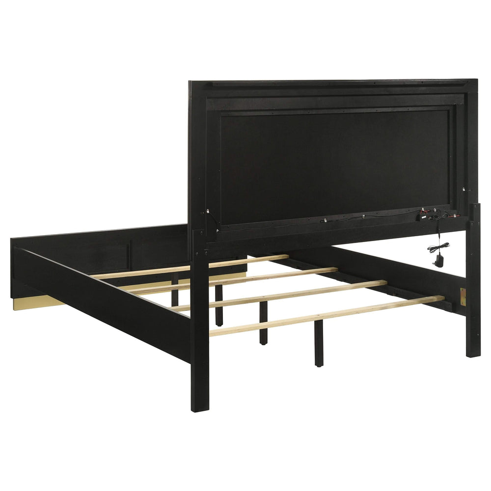 Cama Queen con panel LED de madera de alcaravea, color negro