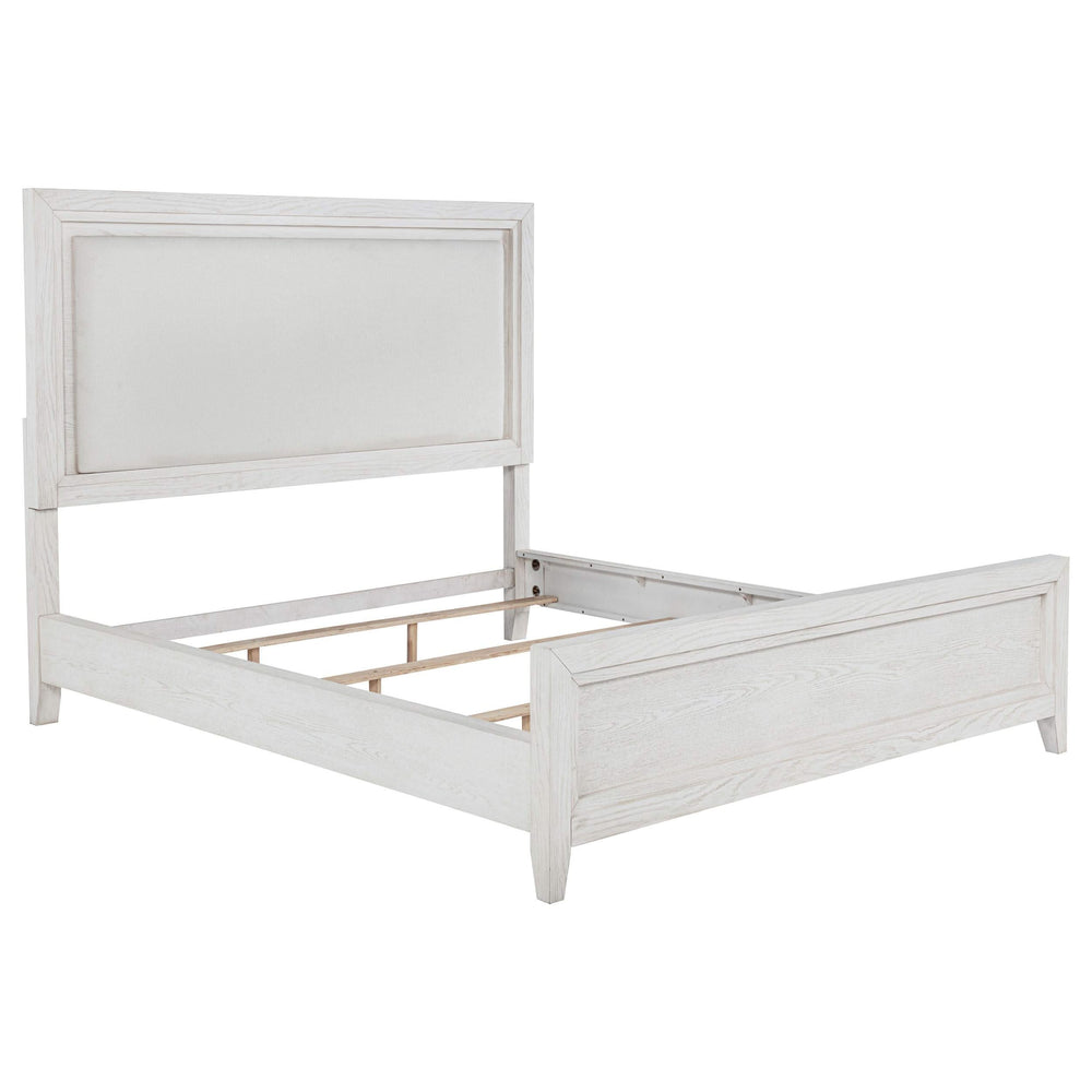 Cama Marielle Eastern King con paneles tapizados en blanco desgastado