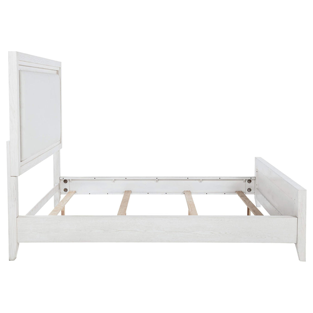 Cama Marielle Eastern King con paneles tapizados en blanco desgastado