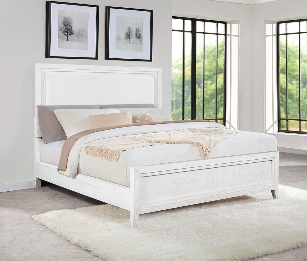 Cama tapizada Marielle California King con paneles en blanco desgastado
