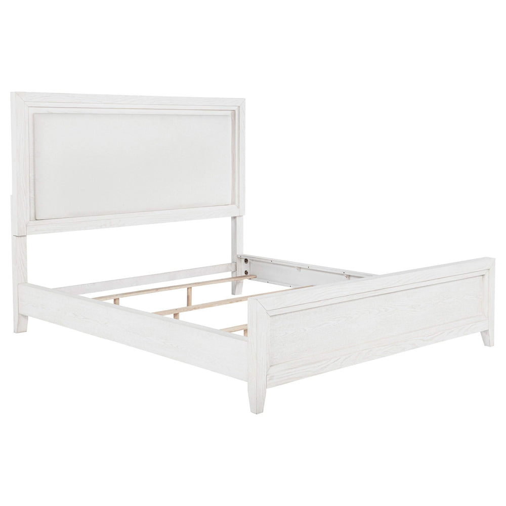 Cama tapizada Marielle California King con paneles en blanco desgastado