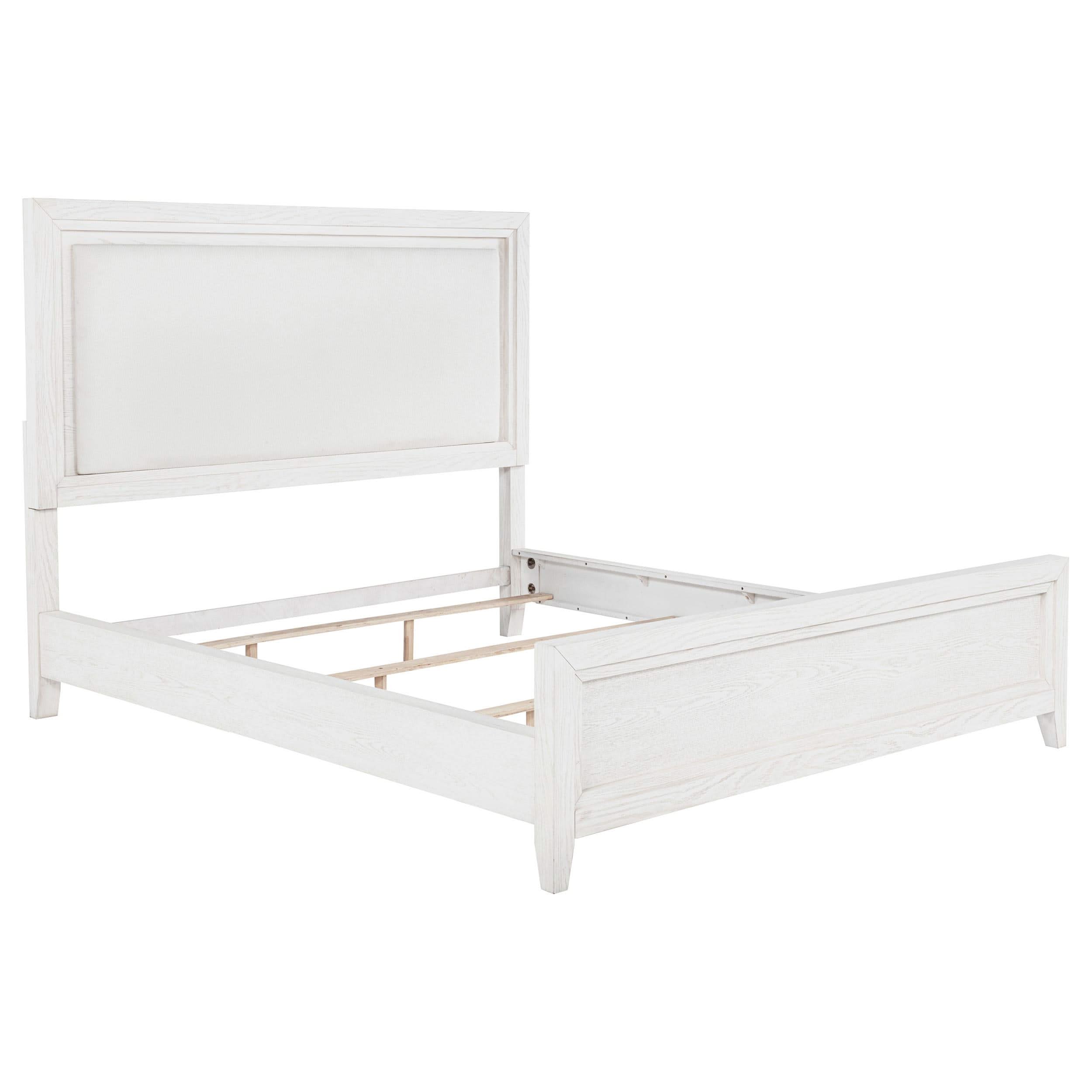 Cama tapizada Marielle California King con paneles en blanco desgastado