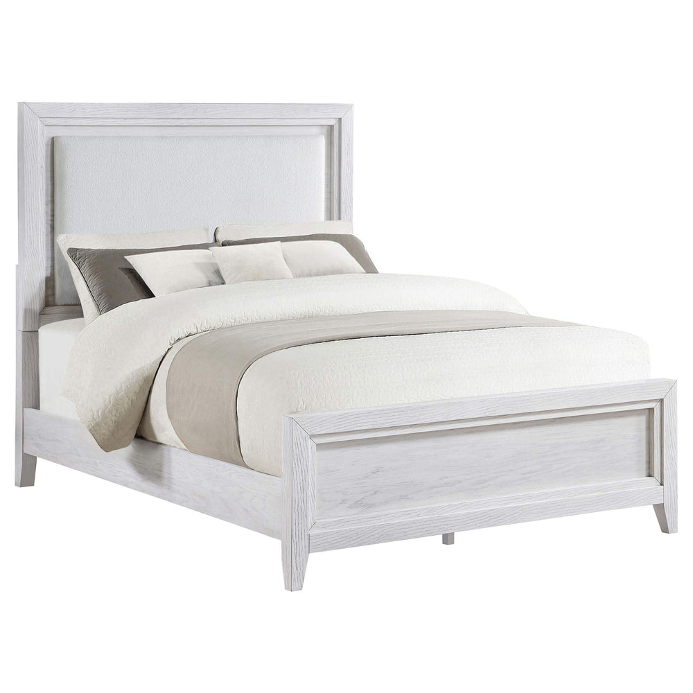 Cama tapizada Marielle California King con paneles en blanco desgastado