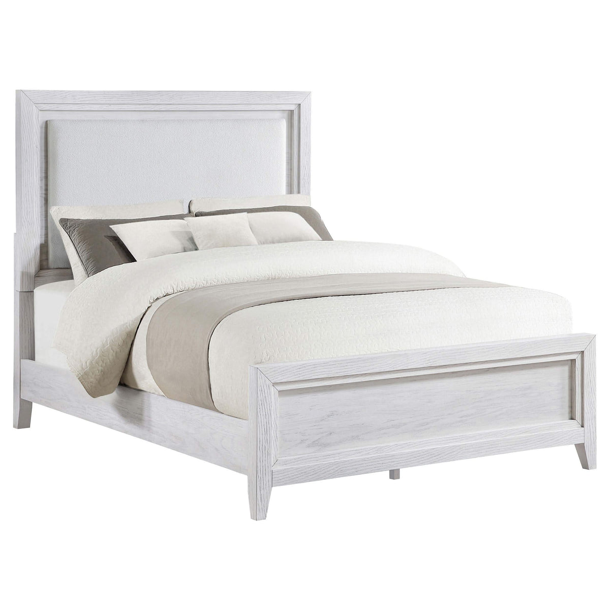 Cama tapizada Marielle California King con paneles en blanco desgastado