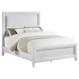 Cama tapizada Marielle California King con paneles en blanco desgastado
