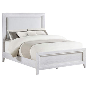 Cama tapizada Marielle California King con paneles en blanco desgastado