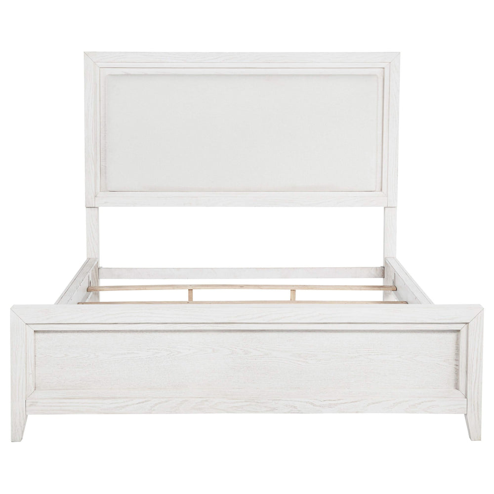 Cama tapizada Marielle California King con paneles en blanco desgastado