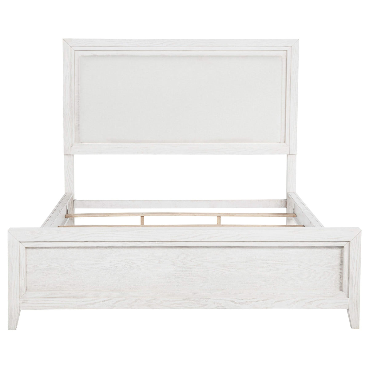 Cama tapizada Marielle California King con paneles en blanco desgastado
