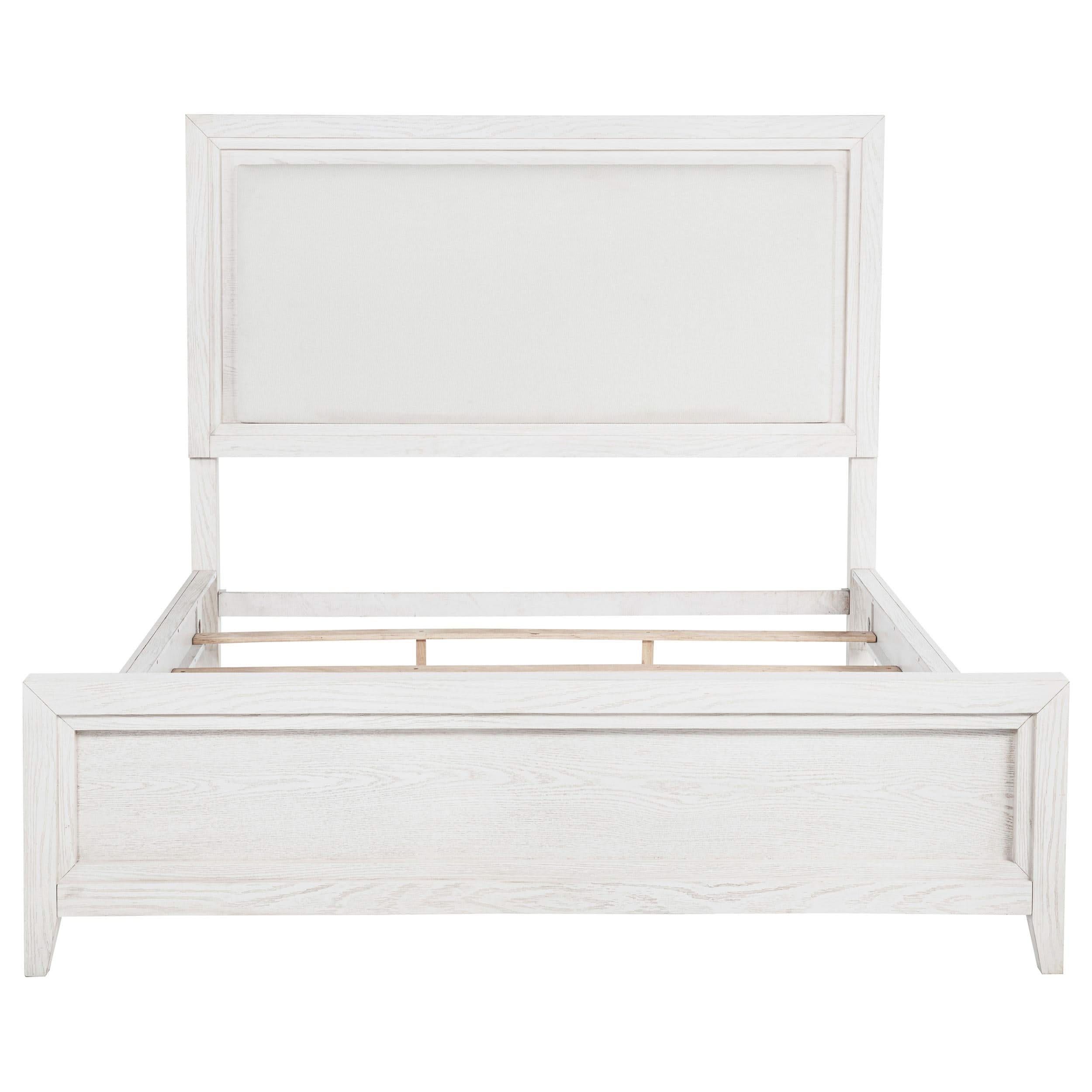 Cama tapizada Marielle California King con paneles en blanco desgastado