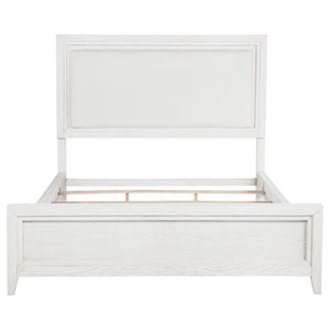 Cama tapizada Marielle California King con paneles en blanco desgastado