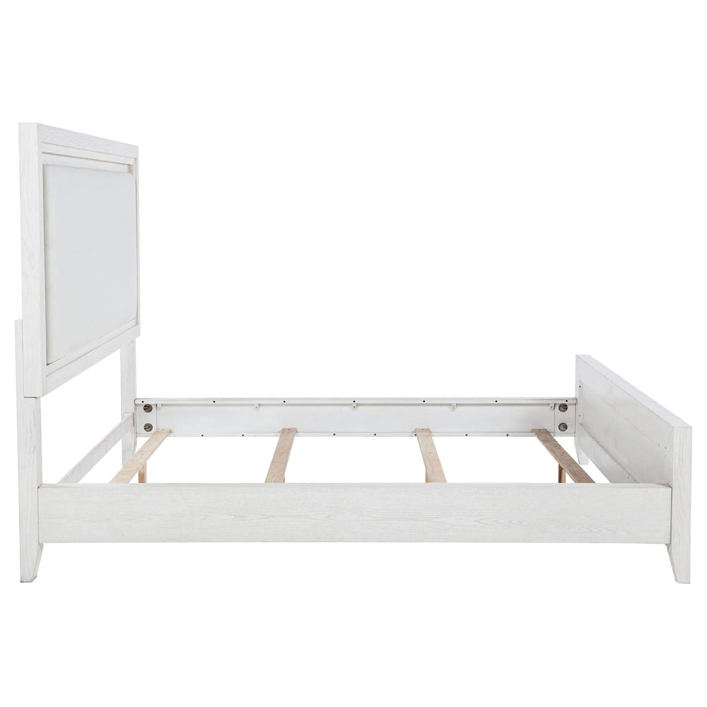 Cama tapizada Marielle California King con paneles en blanco desgastado