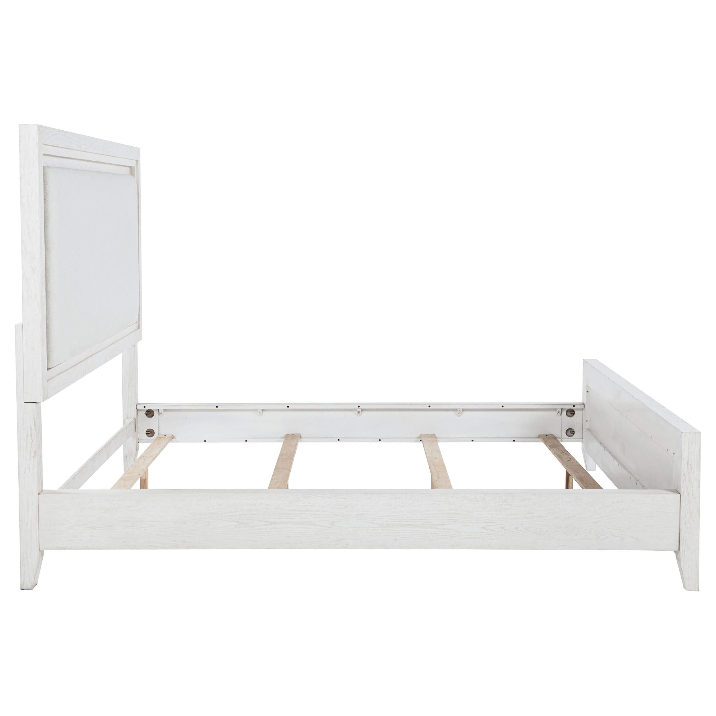 Cama tapizada Marielle California King con paneles en blanco desgastado