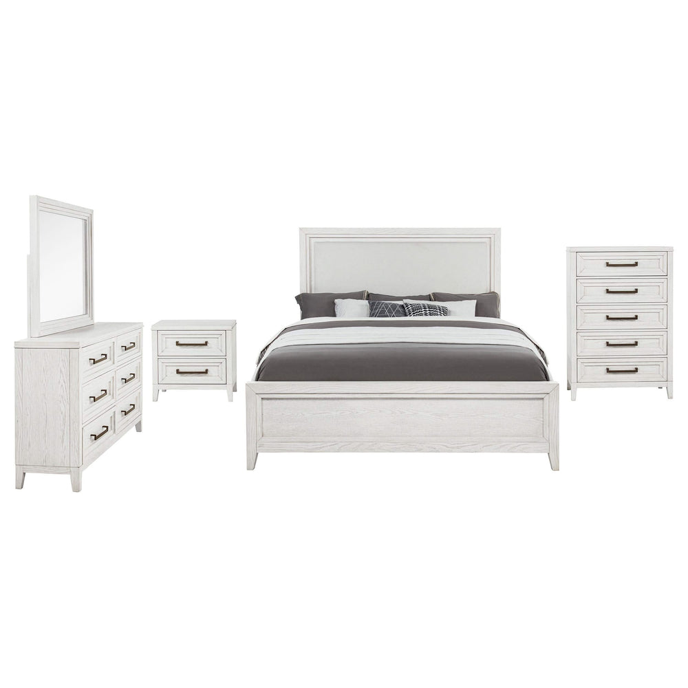 Juego de dormitorio Marielle de 5 piezas tamaño Queen en blanco desgastado
