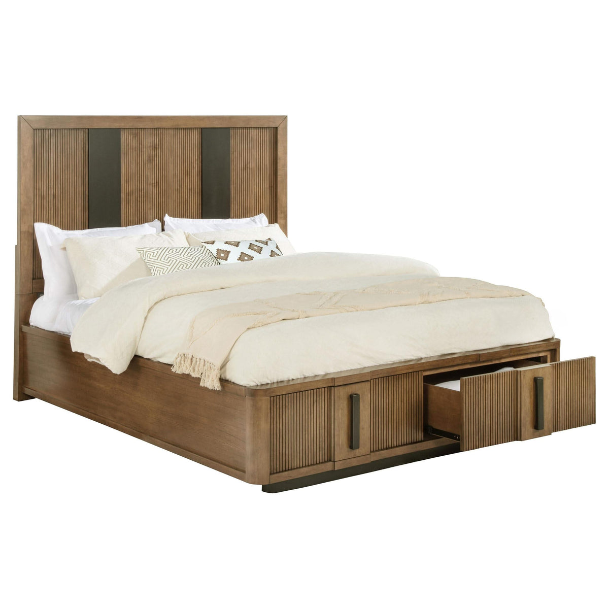 Cama California King con dos cajones y espacio de almacenamiento en color marrón ceniza