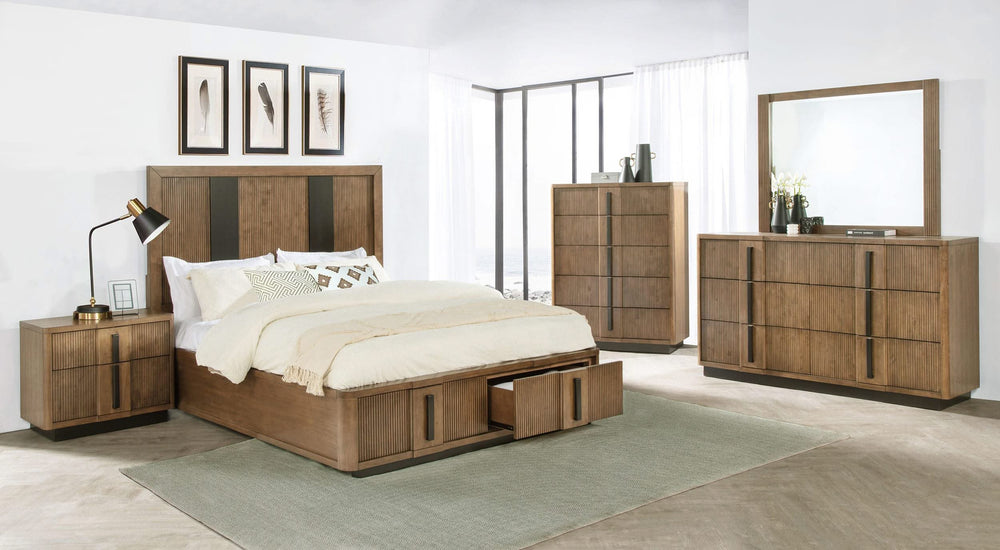 Cama California King con dos cajones y espacio de almacenamiento en color marrón ceniza