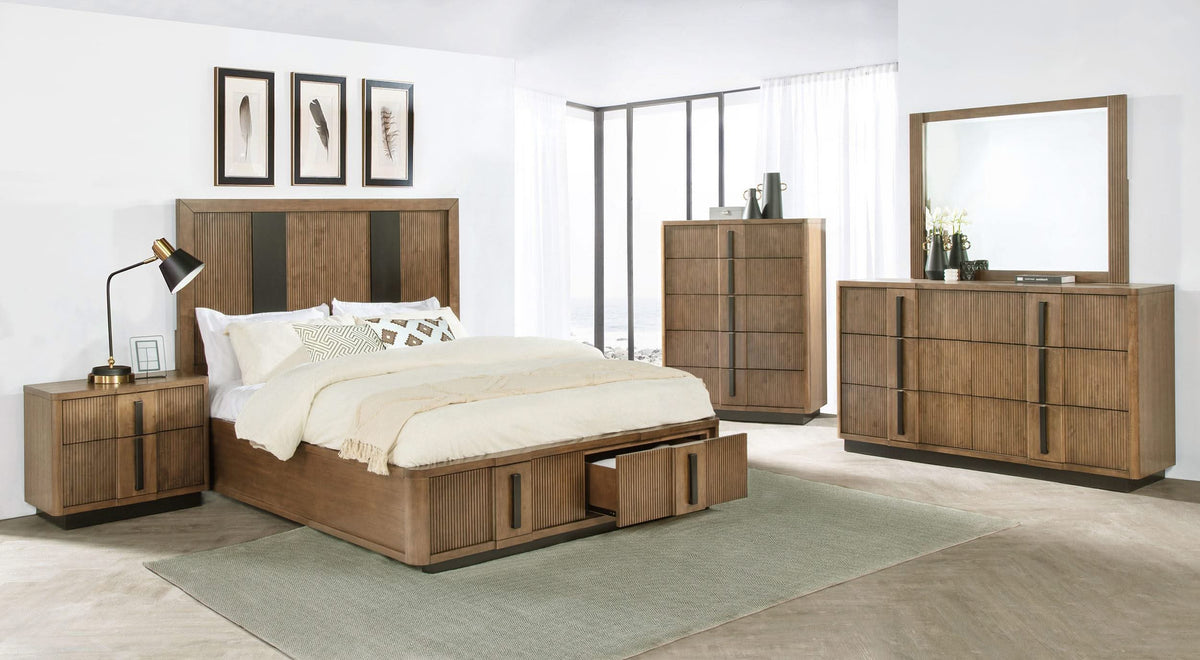 Cama California King con dos cajones y espacio de almacenamiento en color marrón ceniza