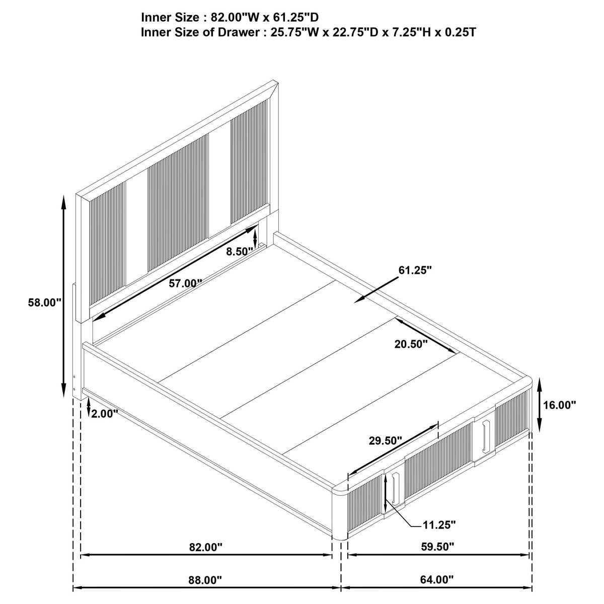 Cama Queen con dos cajones y espacio de almacenamiento en color marrón ceniza