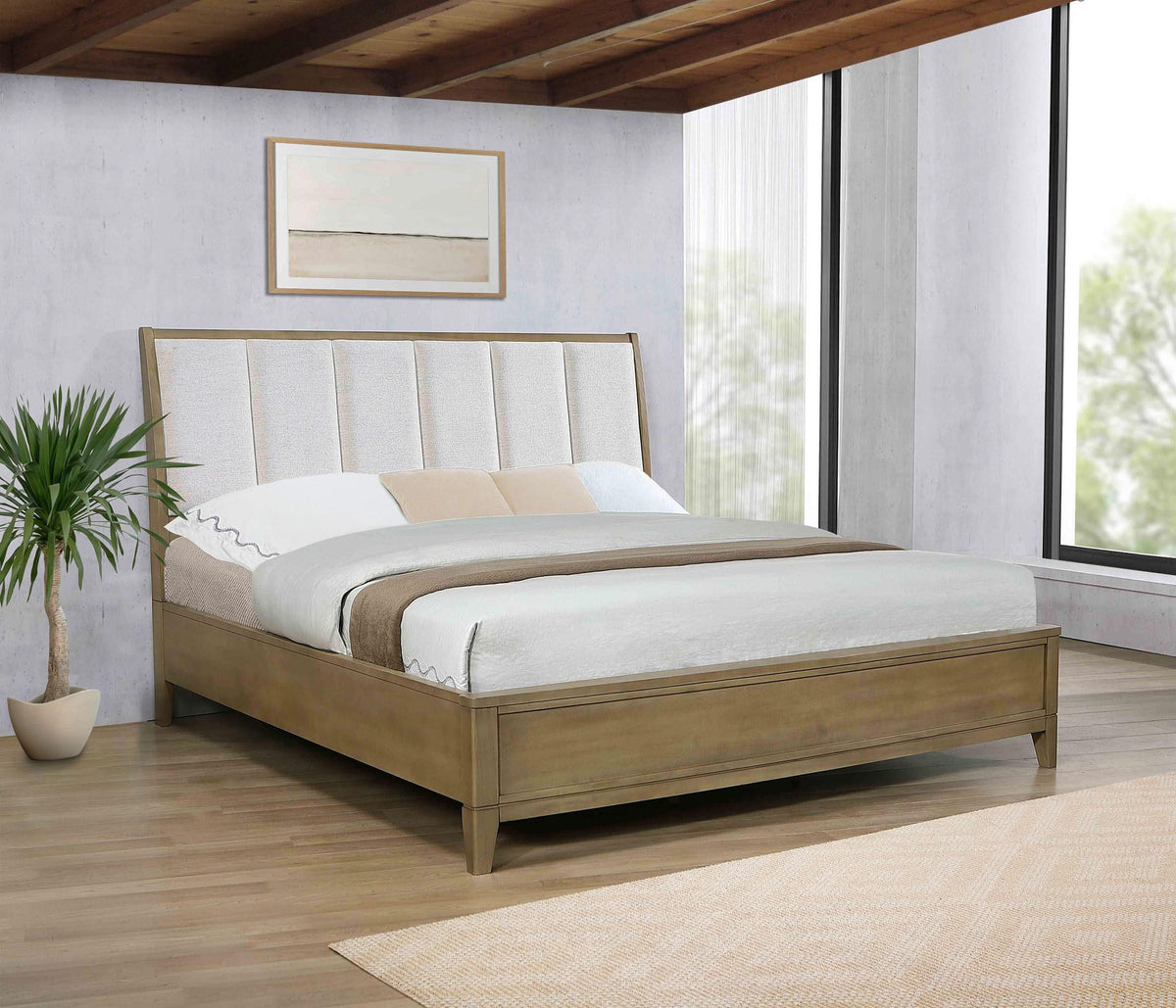 Cama tapizada Granada con paneles orientales King en pino natural