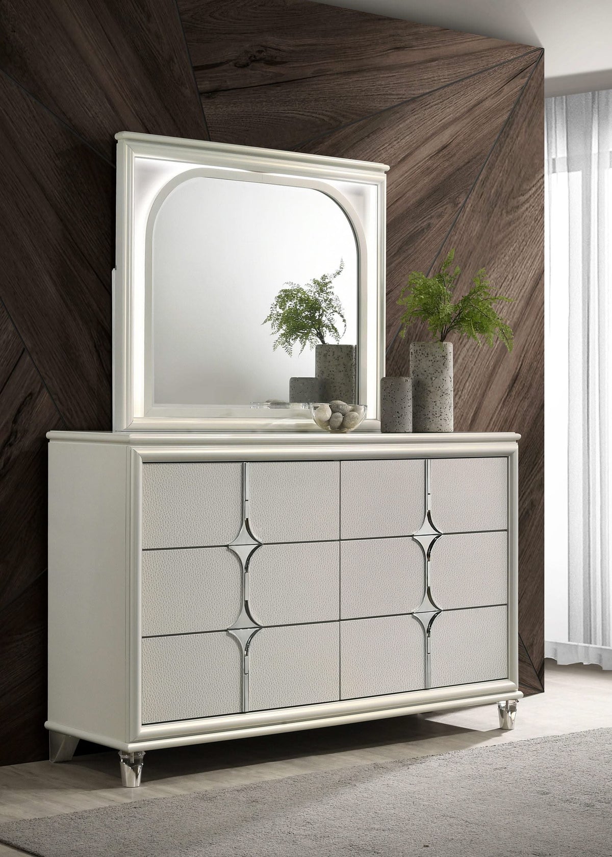 Cómoda Olivia de 6 cajones y espejo LED blanco perla