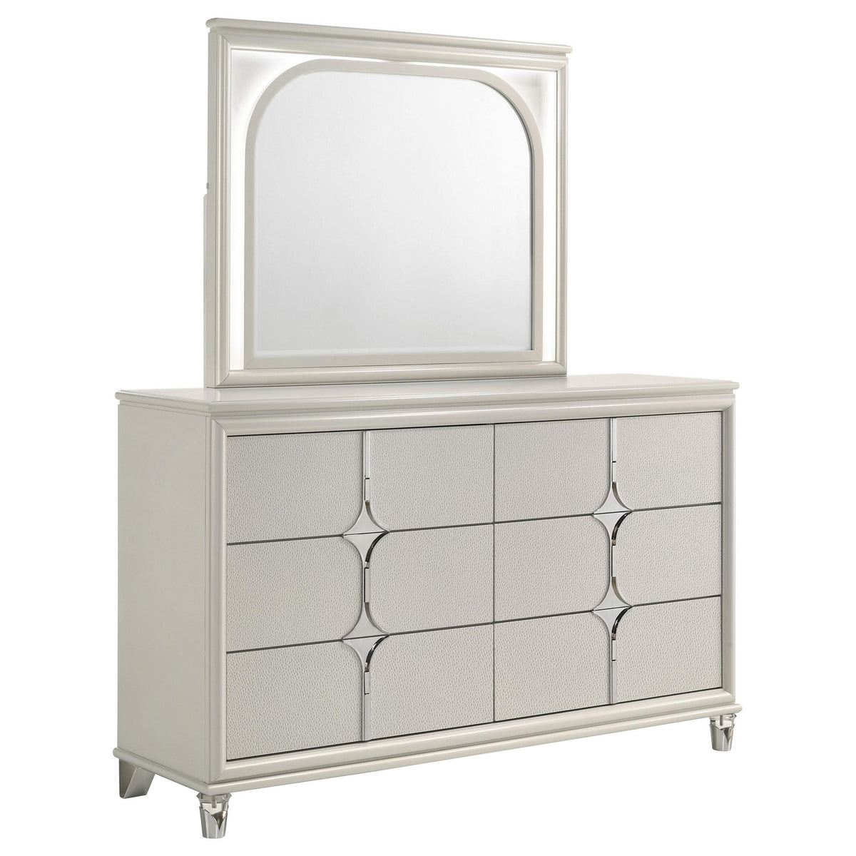 Cómoda Olivia de 6 cajones y espejo LED blanco perla