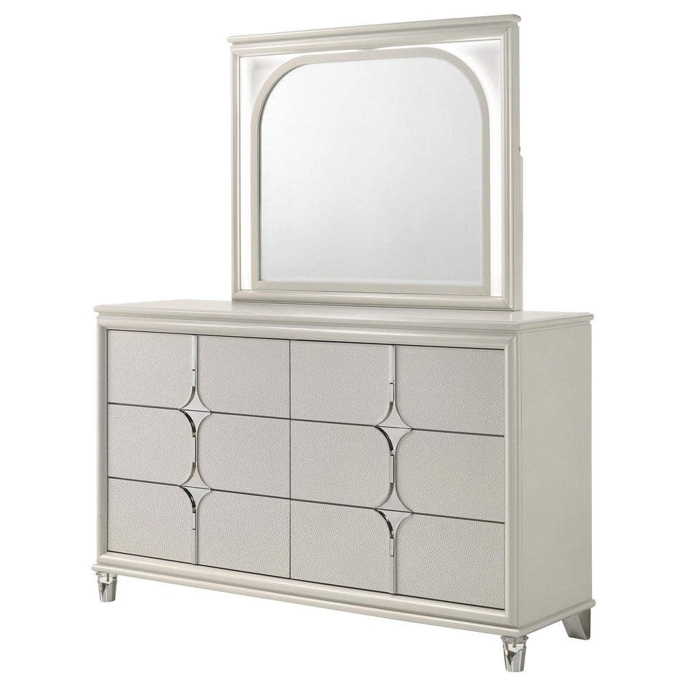 Cómoda Olivia de 6 cajones y espejo LED blanco perla