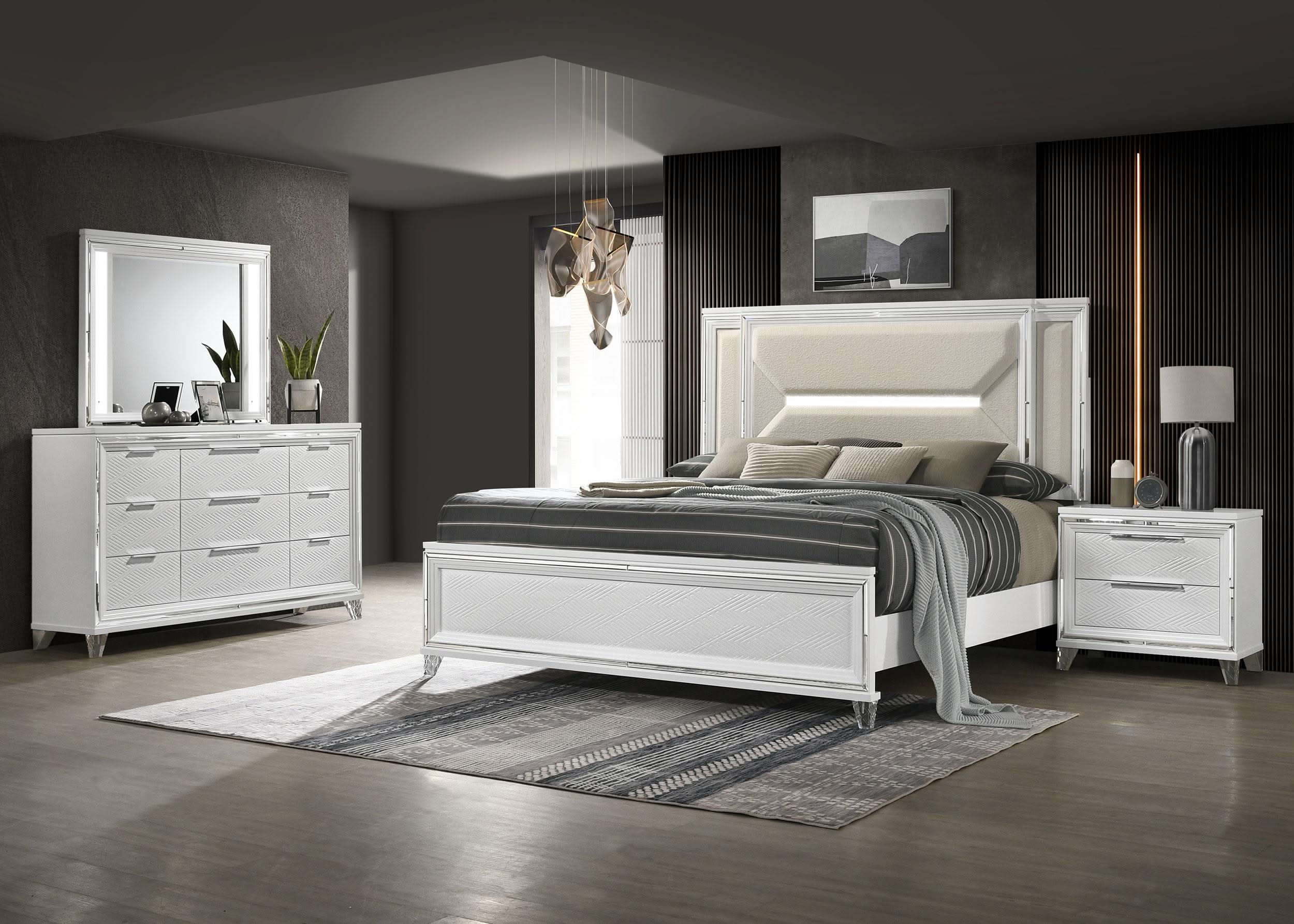 Juego de dormitorio Marmore de 4 piezas Eastern King, blanco