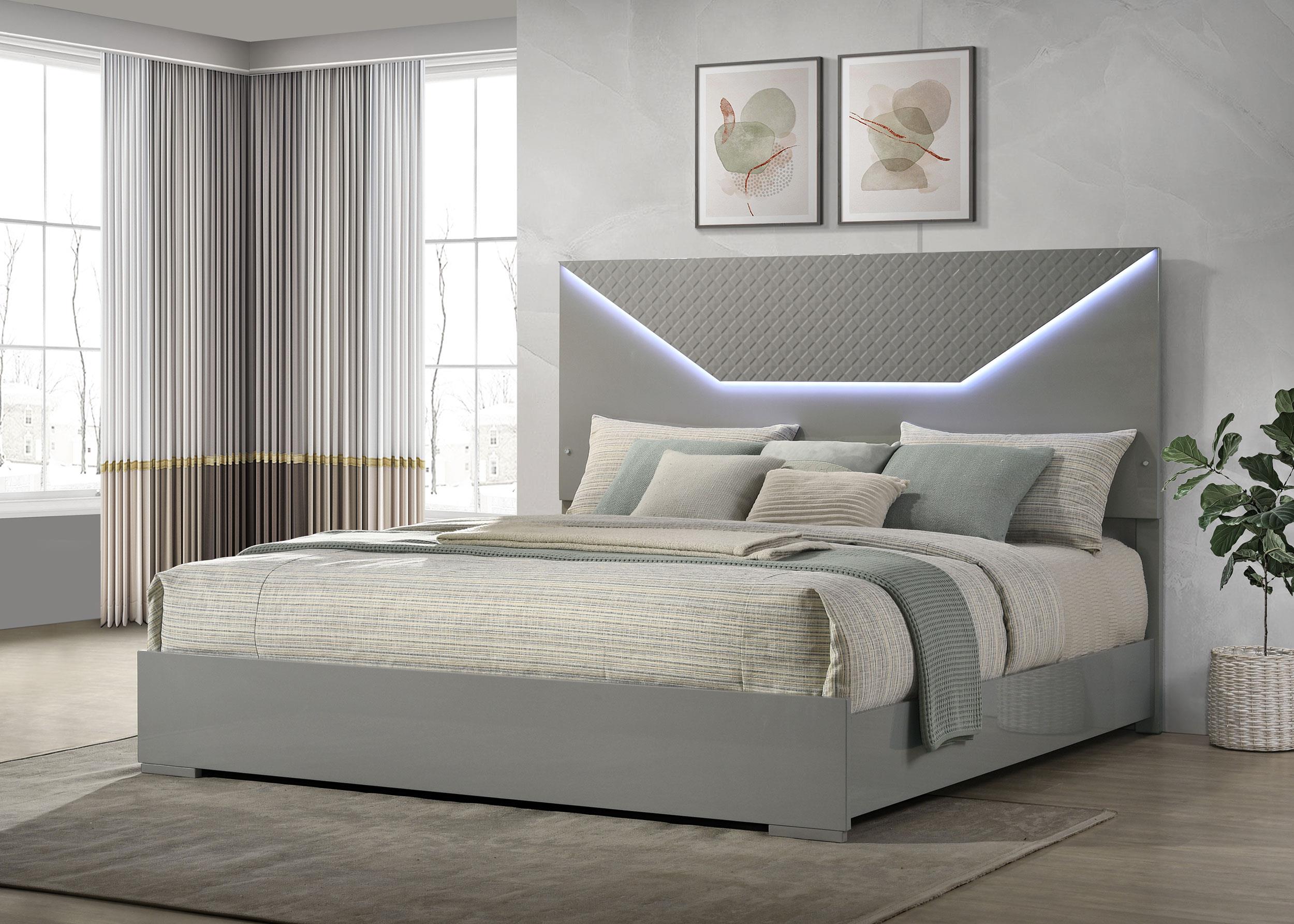Ives Eastern King Panel Bed LED Headboard Grey High Gloss