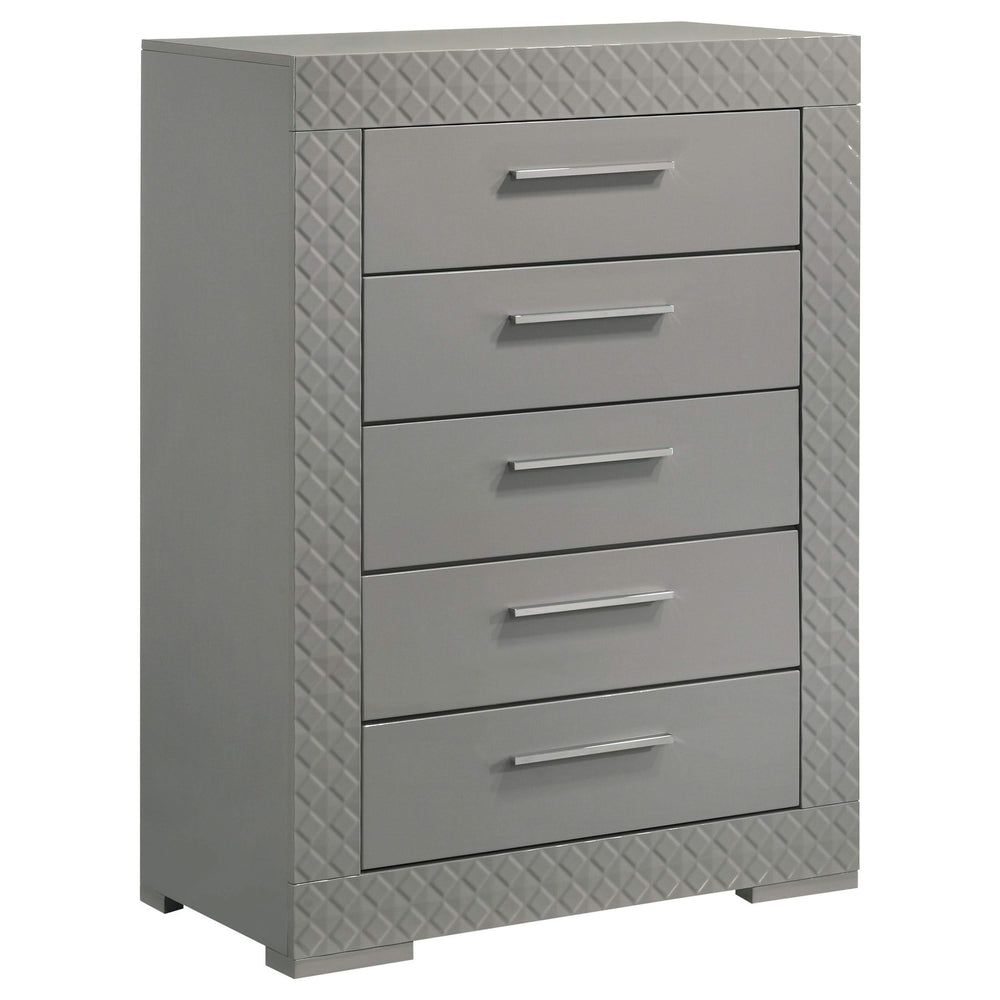 Juego de dormitorio Ives de 5 piezas tamaño Queen, gris de alto brillo