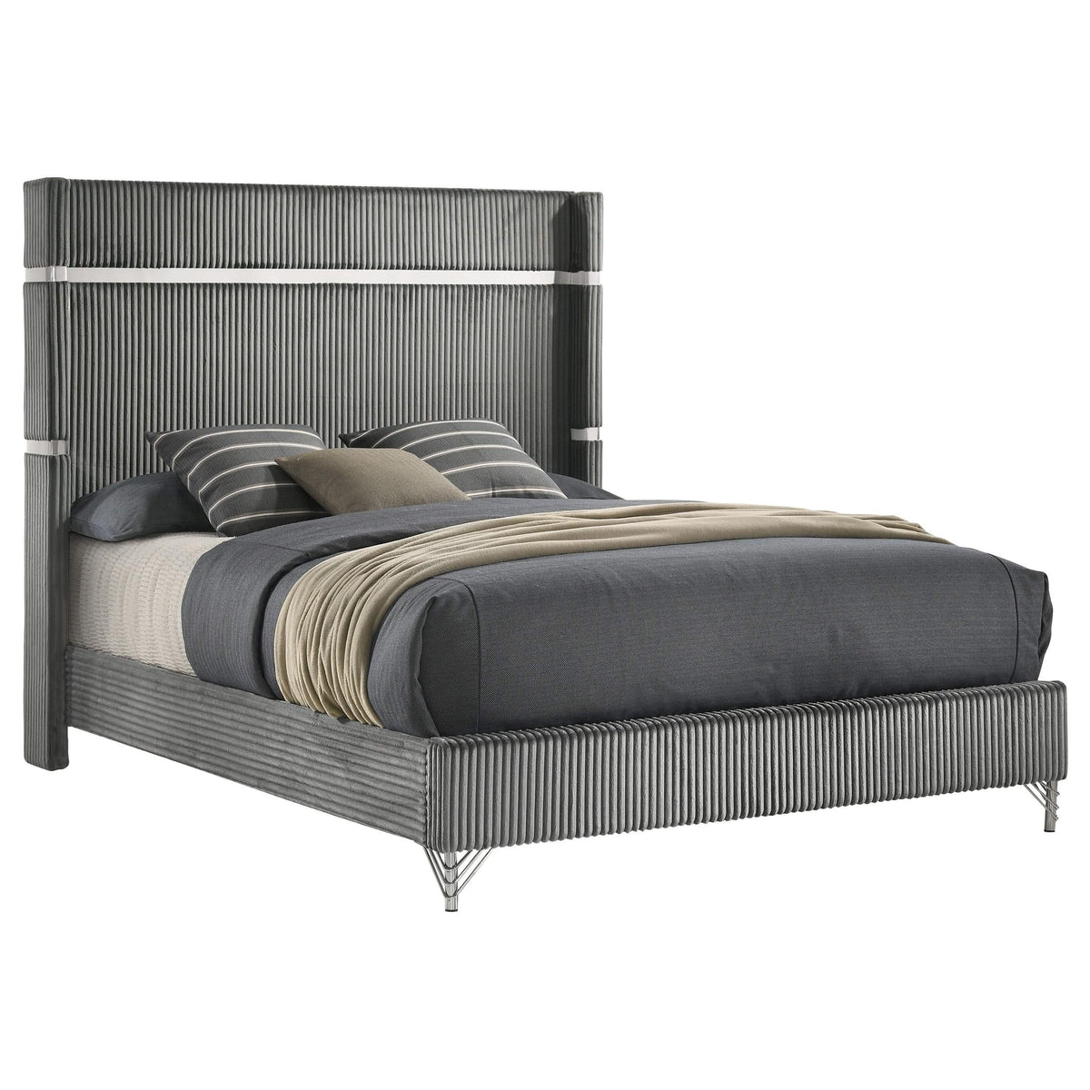 Cama Lucia de 61 pulgadas tapizada con respaldo alto, estilo Eastern King, color gris