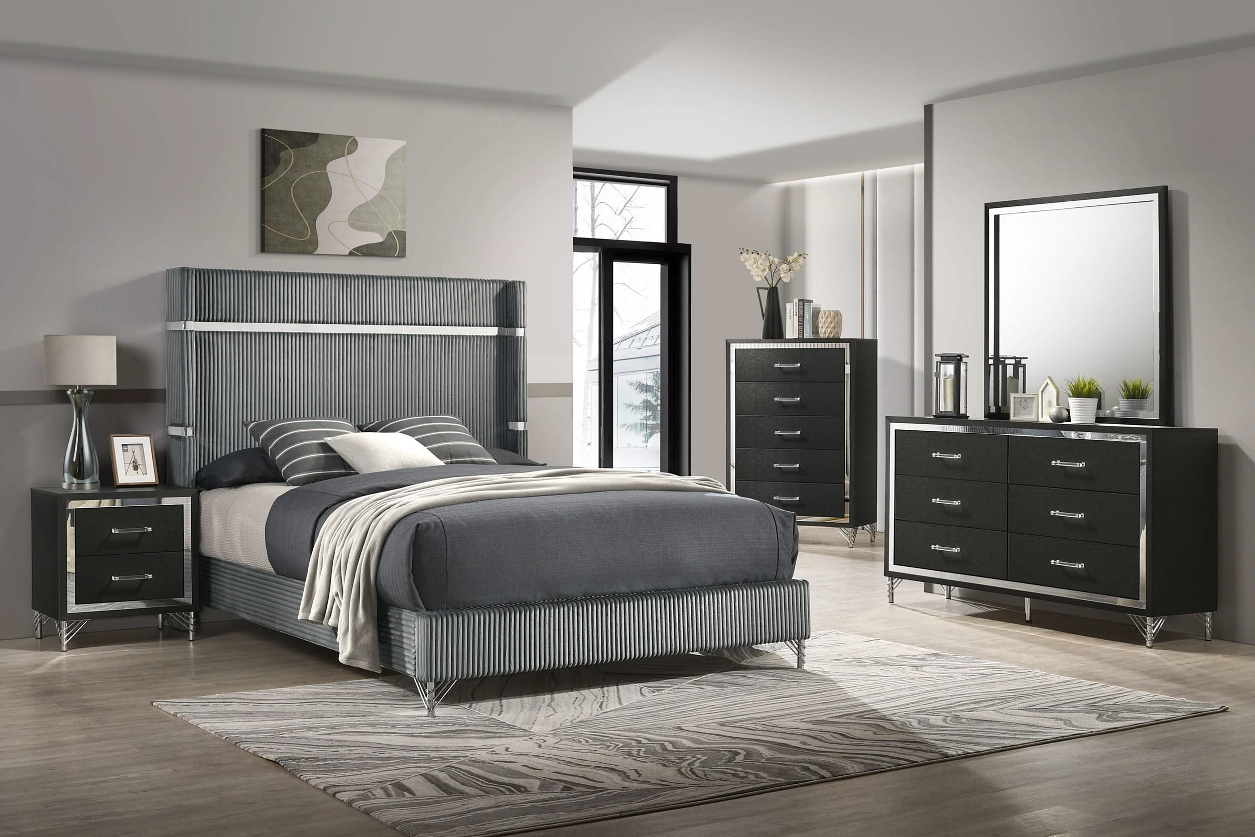 Cama Lucia de 61 pulgadas tapizada con respaldo alto, estilo Eastern King, color gris