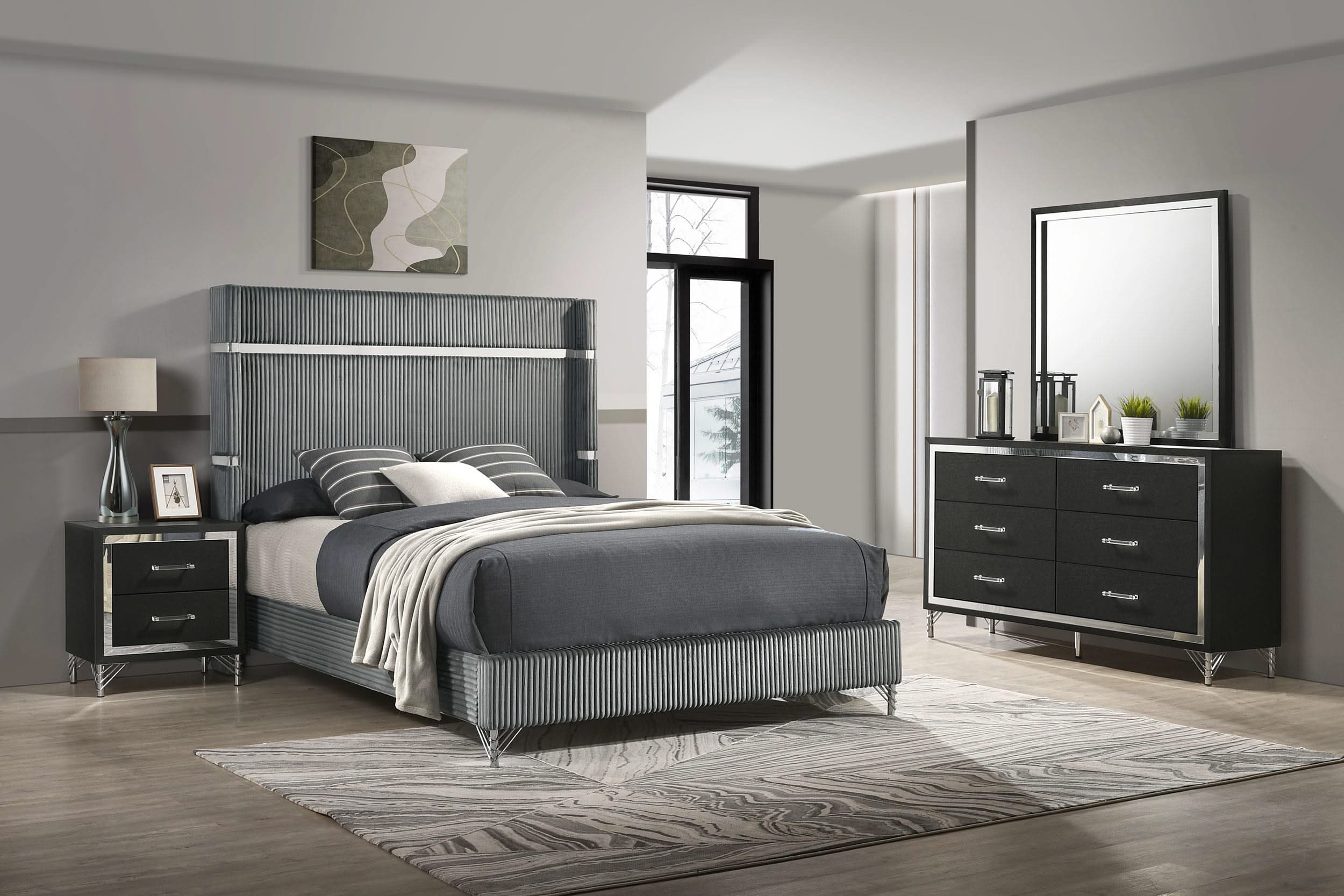Juego de dormitorio Lucia Queen de 4 piezas en gris y negro