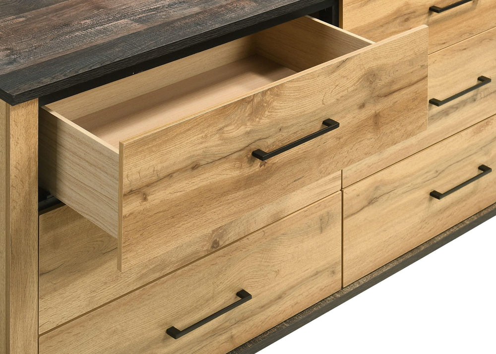 Cómoda Kaywood de 6 cajones y espejo de pino natural