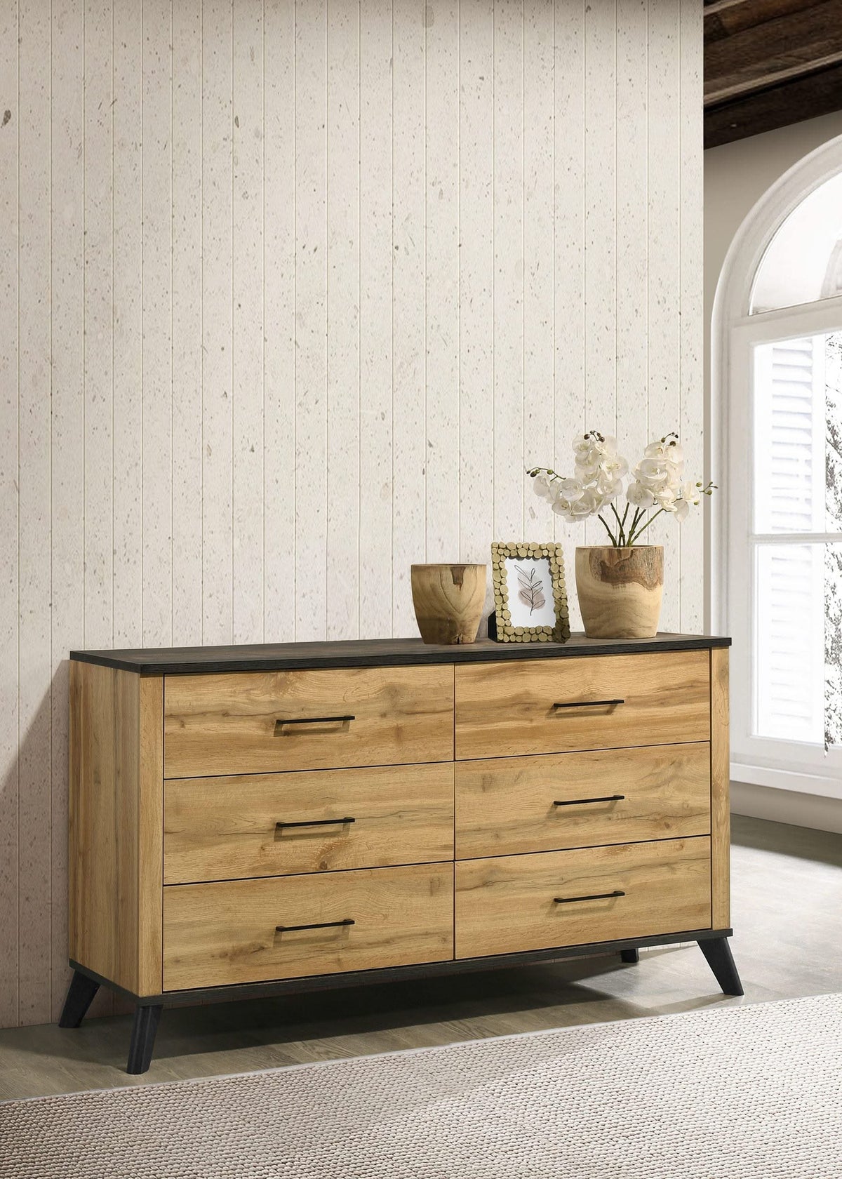 Cómoda Kaywood de 6 cajones de pino natural