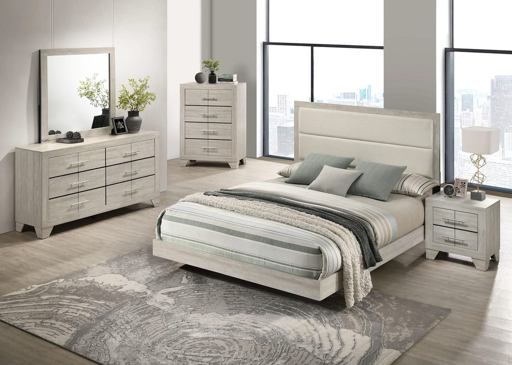Juego de dormitorio Trenton de 5 piezas tamaño queen en color crema rústico