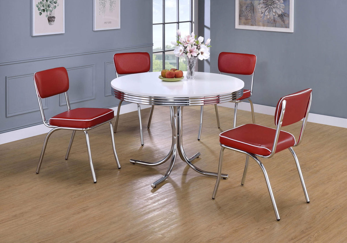 Juego de mesa de comedor redonda retro de 5 piezas en blanco y rojo